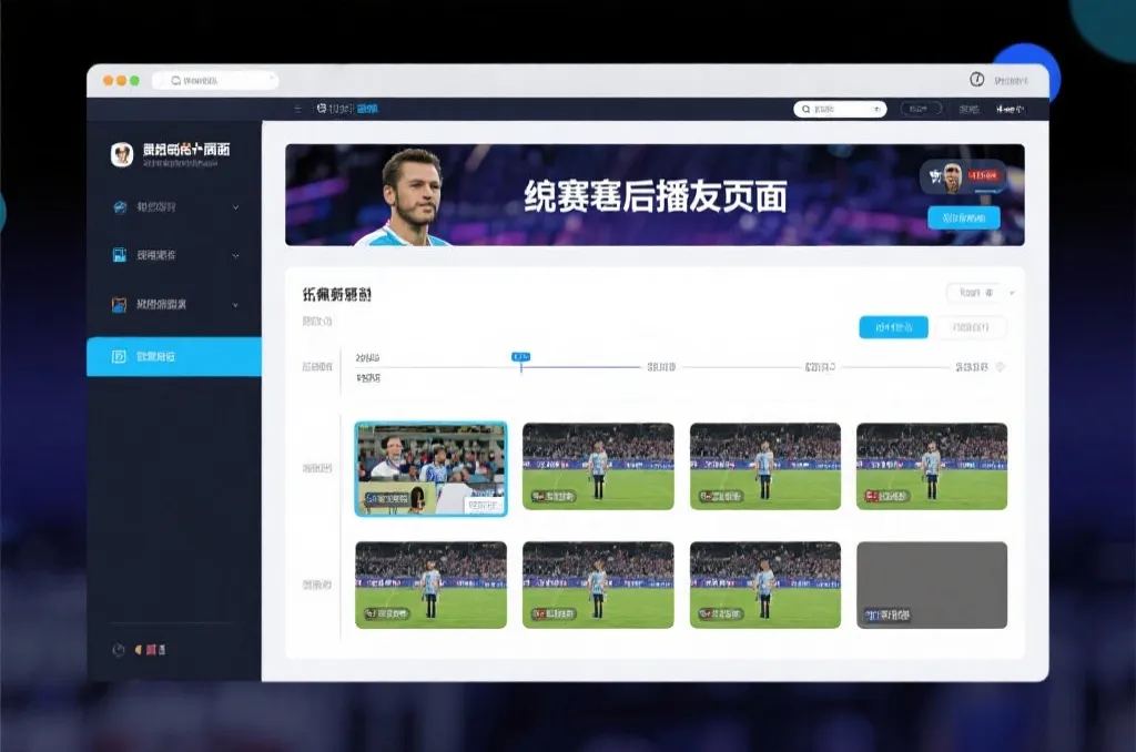 比赛结束后，电视屏幕展示集锦回放页面，旁边有时间轴和多角度切换提示